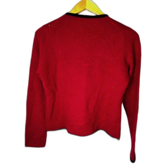 Laura Ashley Red Wool Angora Silk Black Velvet Trim LS Cardigan Sweater Size M - Picture 8 of 10